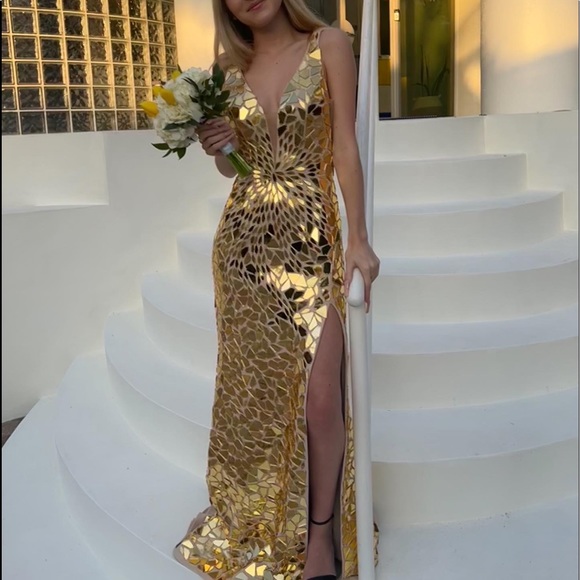cut glass dress Red Cut Glass Mirror One-Shoulder Prom Dress with Slit  Modsele